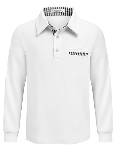 Arshiner Boy's Long Sleeve Plaid Trim Polo School Shirt Pocket 4-12 Years WHT - Brand New