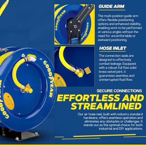 GOODYEAR AIR HOSE REEL RETRACTABLE 1/2" X 65' SBR RUBBER HOSE MAX 300PSI - Like New