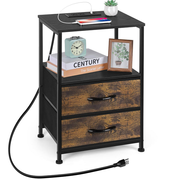 ETELI NIGHTSTAND WITH CHARGING STATION BEDSIDE TABLE NX-R917-HS - BLACK/BROWN - Like New