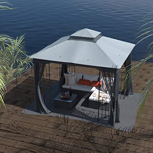 CLOUD MOUNTAIN GARDEN GAZEBO POLYESTER 10' X 10' WITH MESH CURTAIN - DARK GRAY - Like New