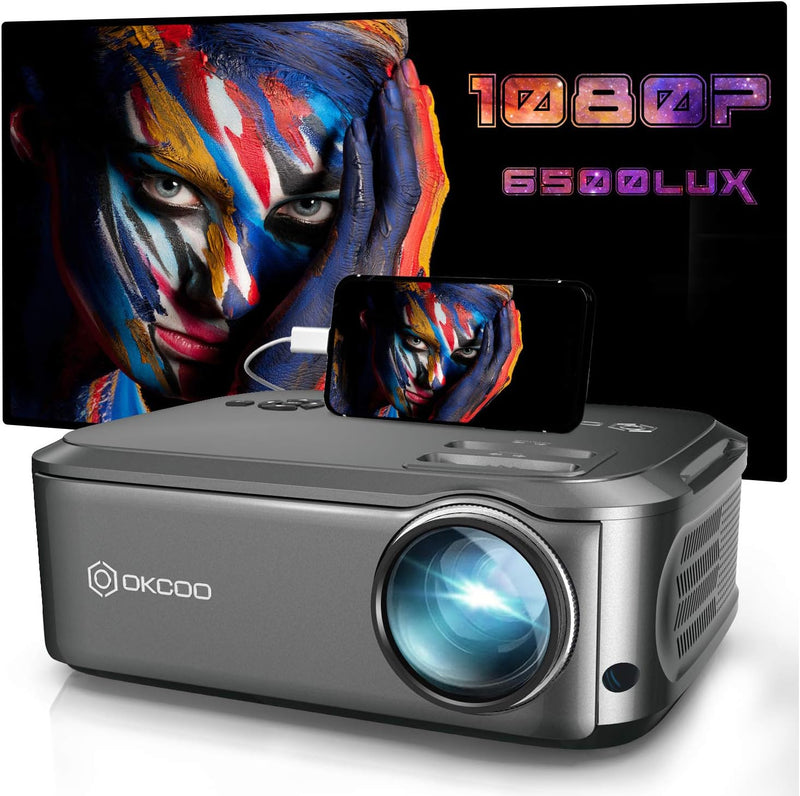 OKCOO PROJECTOR NATIVE 1080P LED VIDEO PROJECTOR, 6500 LUX - SILVER/GRAY - Like New