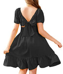 Arshiner Girls Tie Back Short Sleeve Ruffle Hem Off Shoulder Casual Black Dress - Brand New