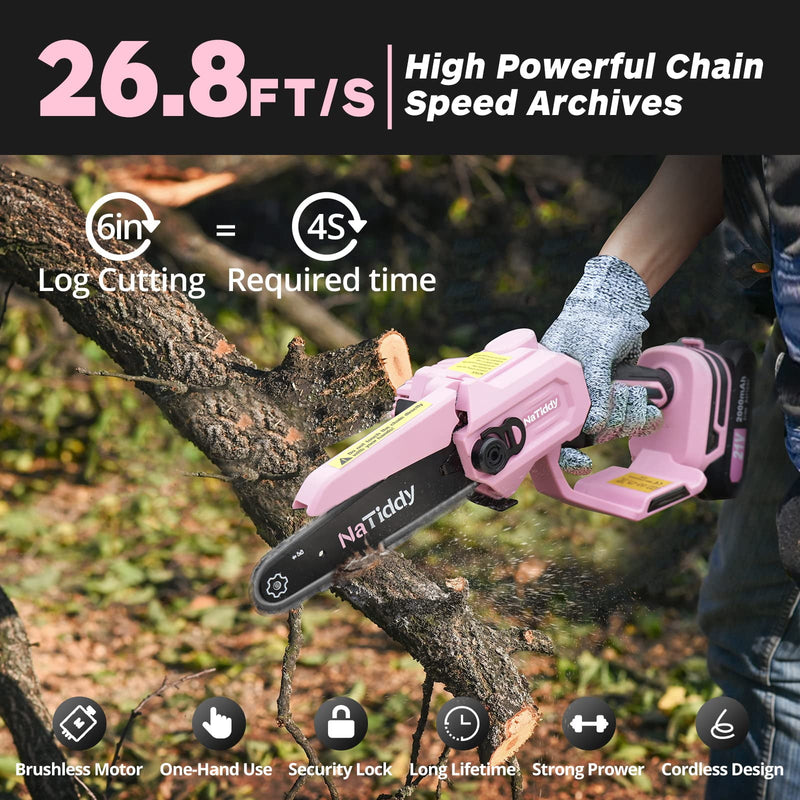 NATIDDY MINI CHAINSAW 6" 21V BATTERY POWERED PORTABLE ONE-HANDED CHAINSAW - PINK - Like New