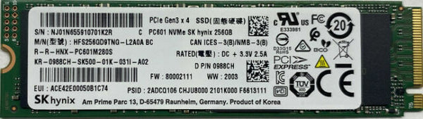 SK HYNIX 256GB M.2 NVME INTERNAL SSD - GREEN - Like New