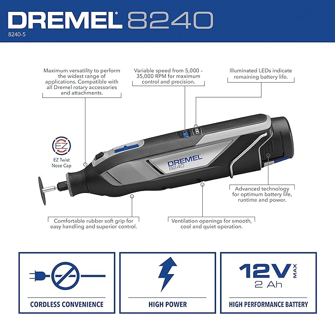 Dremel 8240 12V Cordless Rotary Tool Kit Variable Speed Comfort Grip GREY/BLACK Like New