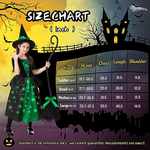 Poshetion Witch Costumes Light Up Halloween Witch Dress Witch Broom Hat - Green - Like New