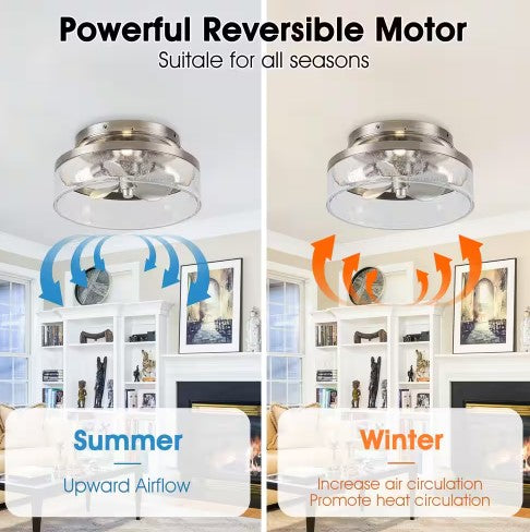 IHOMEADORE 12.6 IN. INDOOR STAIN NICKEL FLUSH MOUNT CAGED CEILING FAN - SILVER - Like New