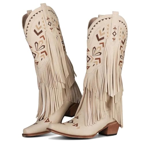 SARALRIS SARAIRIS WOMEN'S COWGIRL BOOTS KNEE HIGH FRINGE BOOTS - SIZE 6 - BEIGE - Like New