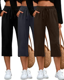 HUUKEAY WOMEN CAPRI SWEATPANTS COZY LOUNGE DRAWSTRING 3PACK BLACK GRAY BROWN L - Brand New