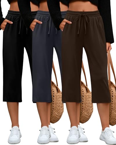 HUUKEAY WOMEN CAPRI SWEATPANTS COZY LOUNGE DRAWSTRING 3PACK BLACK GRAY BROWN L - Brand New