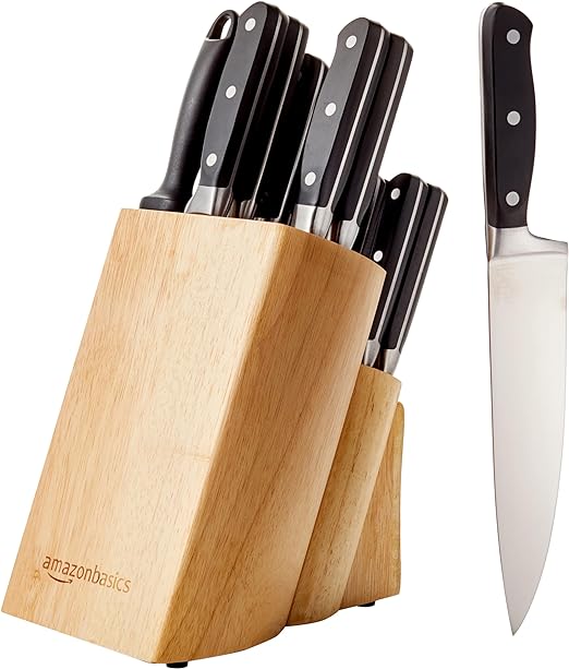 Amazon Basics 18-Piece High-Carbon Stainless Steel Pine Wood Block Set -Black Like New