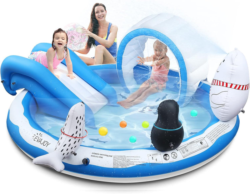 EVAJOY Inflatable Play Center Kiddie Pool with Slide for Children - Blue Like New