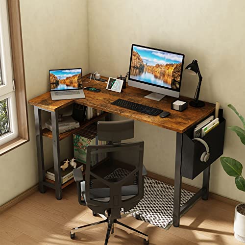LUFEIYA SMALL L SHAPED DESK POWER OUTLET SHELVES 40 INCH DESK - RUSTIC BROWN - Like New