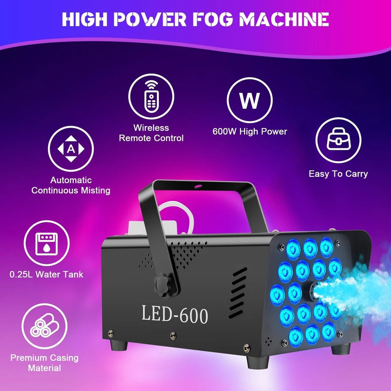 FOG MACHINE 18 LED LIGHTS 13 COLORS 2500CFM FOG 600W FAST SMOKE  - BLACK - Like New