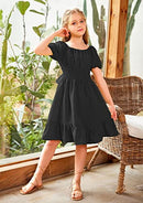 Arshiner Girls Tie Back Short Sleeve Ruffle Hem Off Shoulder Casual Black Dress - Brand New