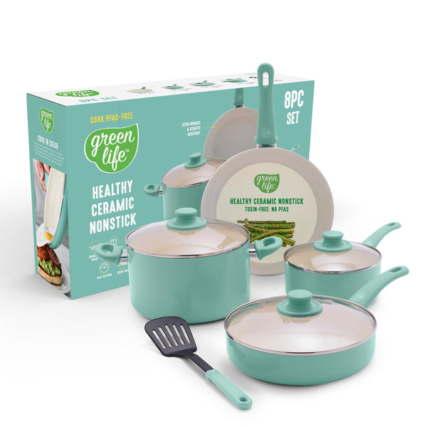 GreenLife 8 Piece Nonstick Cookware Set, Non-Toxic CC009158-001 - Turquoise - Like New