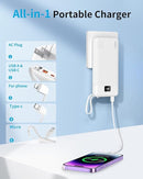 ANOUV Portable Charger Built-in Cables&AC Wall Plug 10000mAh TW1006 - WHITE Like New