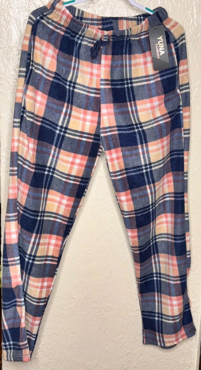 YUNA PAJAMA PANTS WOMENS MULTI PLAID SUPER SOFT ELASTIC WAIST L/XL - BLUE/BROWN - Brand New