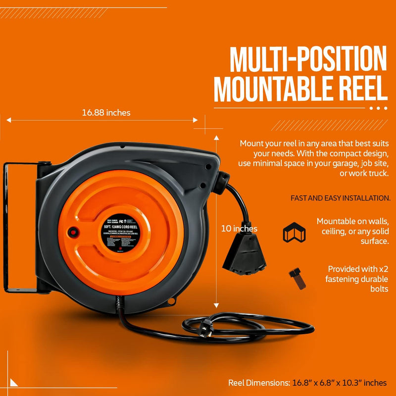 SuperHandy GUR076 Extension Cord Reel 50', 12 AWG/3C SJTOW, 15A 1875W - Orange Like New