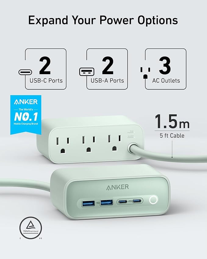 Anker 525 Charging Station 7-in-1 USB C Power Strip 65W Power - Natural Green Like New