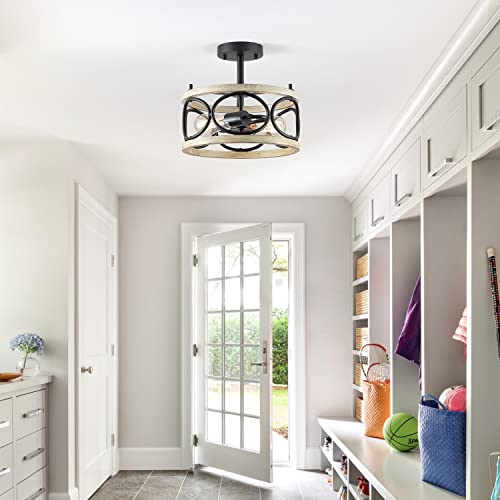 9MMML 12.8“ FLUSH MOUNT CEILING LIGHT MODERN METAL CHANDELIER - BLACK/WOOD - Like New