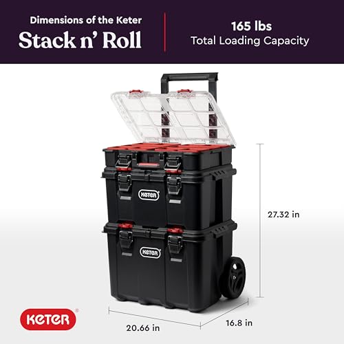 KETER STACK-N-ROLL MODULAR TOOLS ORGANIZER 3 PIECE TOOL BOX - BLACK/RED - Brand New