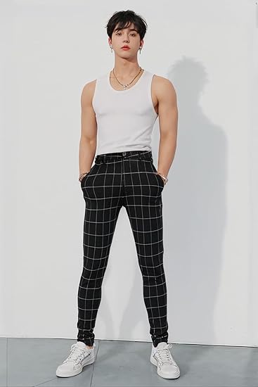 GINGTTO MENS PLAID DRESS STRETCH CHINO PANTS MEN 36 SKINNY FIT - BLACK CHECKERED - Brand New