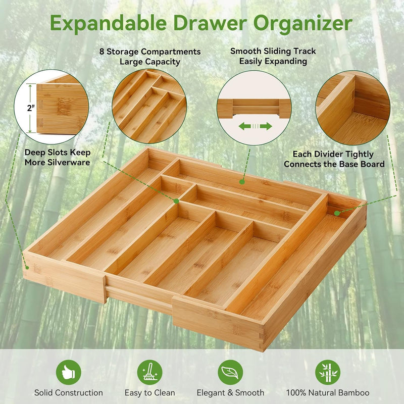 SECURA EXPANDABLE KITCHEN DRAWER ORGANIZER 8 SLOTS, FLATWARE - DO-4333 - BAMBOO Like New