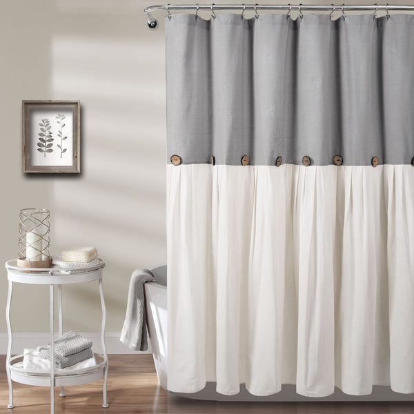 LUSH DECOR LINEN BUTTON SHOWER CURTAIN 72" W X 72" L 54512014 - WHITE/GRAY - Like New