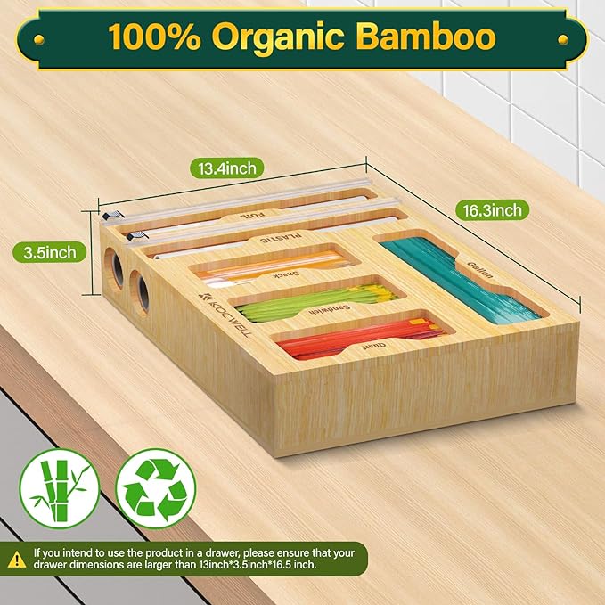 KOCWELL Bag Organizer Plastic Wrap Dispenser Cutter 6 In 1 Bamboo Foil - Yellow - Like New