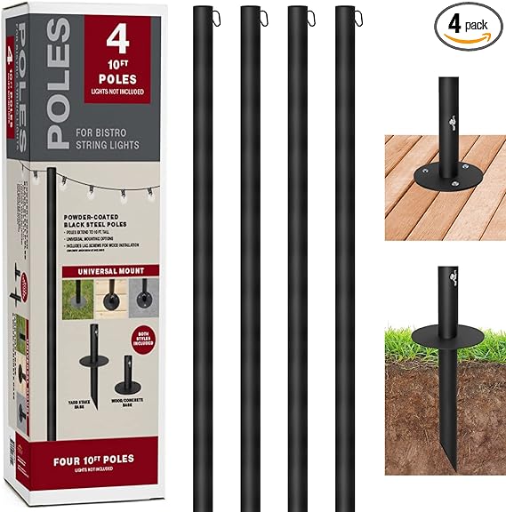 EXCELLO GLOBAL PRODUCTS Bistro String Light Poles 4 Pack EGP-HD-0361 - Black - Like New