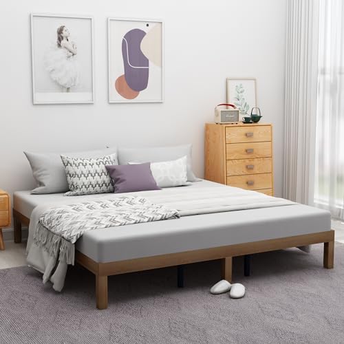 DOLONM SOLID WOOD PLATFORM BED 12 INCH WOODEN BED FRAME KING SIZE - NATURAL PINE - Like New