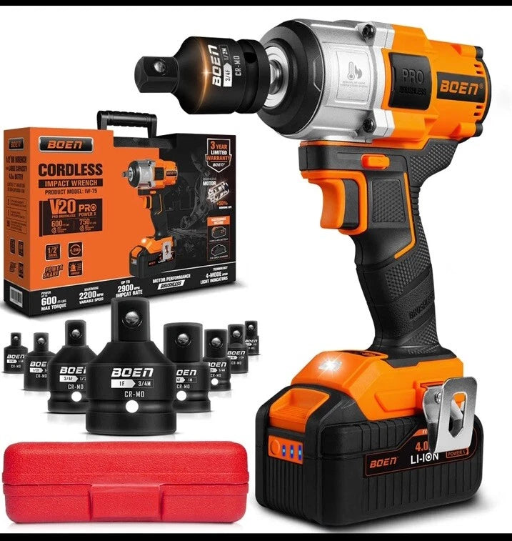 BOEN CORDLESS IMPACT WRENCH 1/2 INCH BRUSHLESS ELECTRIC V20 PRO - ORANGE/BLACK - Like New