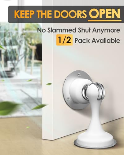 WINONLY Magnetic Door Stoppers 2 Pack Wall Floor Mounting 3D Adhesive Tape-White - Like New