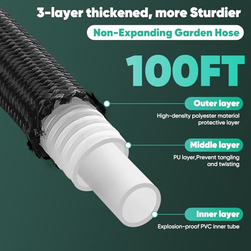 Garden Hose 100FT Non-Expanding Lightweight Hose 8 Function Nozzle - BLACK - Like New