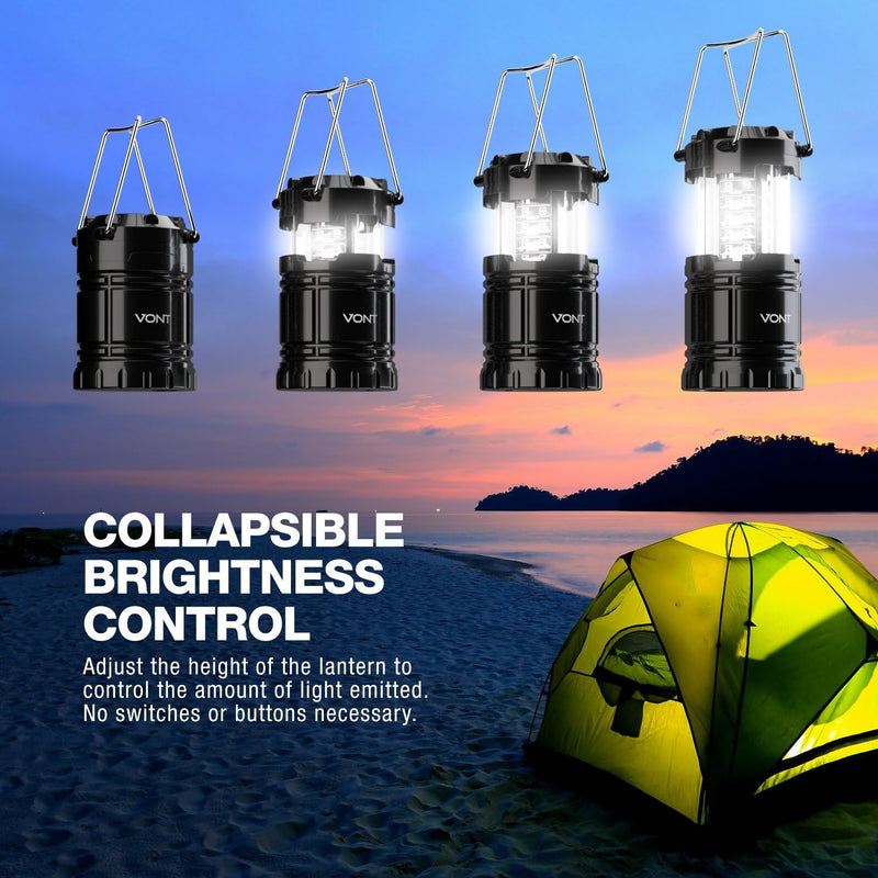 VONT 4 PACK LED CAMPING LANTERN, LED LANTERNS COLLAPSIBLE - 4 PACK BLACK - Like New