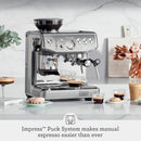 BREVILLE THE BARISTA EXPRESS IMPRESS ESPRESSO MACHINE, GRINDER - DAMSON BLUE - Like New