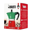 BIALETTI MOKA EXPRESS POT 6 CUPS (9 OZ), ALUMINIUM COLORED, SILVER RED/GREEN - Like New