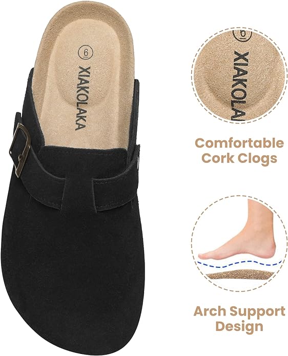 Xiakolaka Women's Suede Clogs Adjustable Buckle Slip on Footbed Clog Black 5 Like New