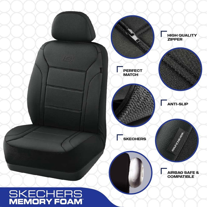 SKECHERS MEMORY FOAM CAR SEAT COVERS, LYCRA, FRONT SEAT PROTECTOR AIRBAG - BLACK - Like New