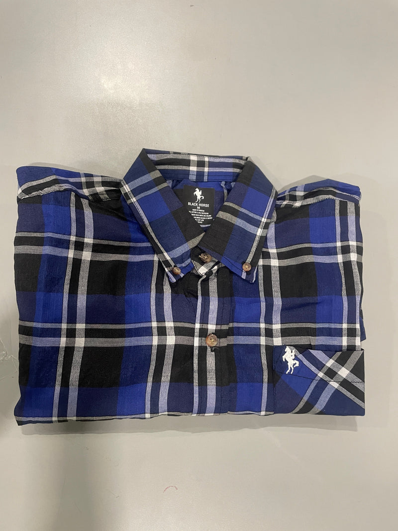 BLACK HORSE WOVEN PLAID SHIRT - SIZE MENS M - BLUE/LIGHT BLUE/VIOLET/BLACK/WHITE - Brand New
