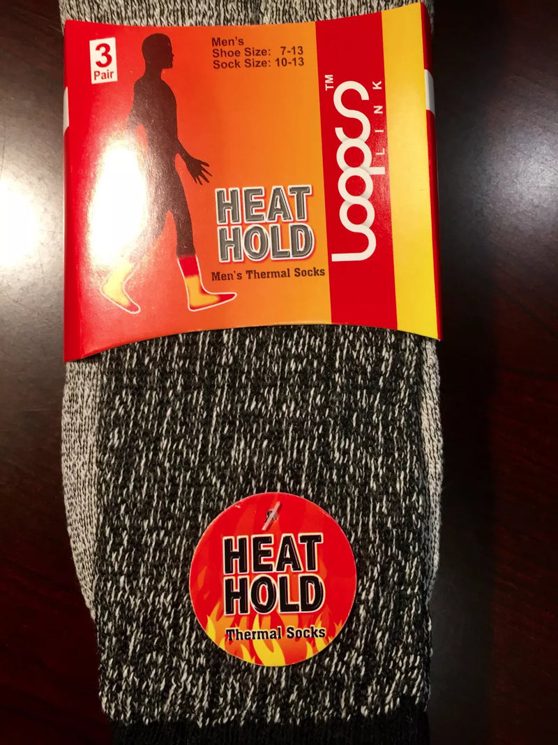 LOOPS LINK MEN'S HEAT HOLD THERMAL SOCKS 3 PAIR MEN SIZE 7-13 - BLACK/WHITE/RED - Brand New