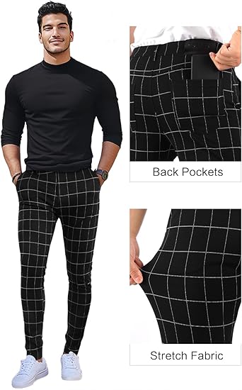 GINGTTO MENS PLAID DRESS STRETCH CHINO PANTS MEN 36 SKINNY FIT - BLACK CHECKERED - Brand New