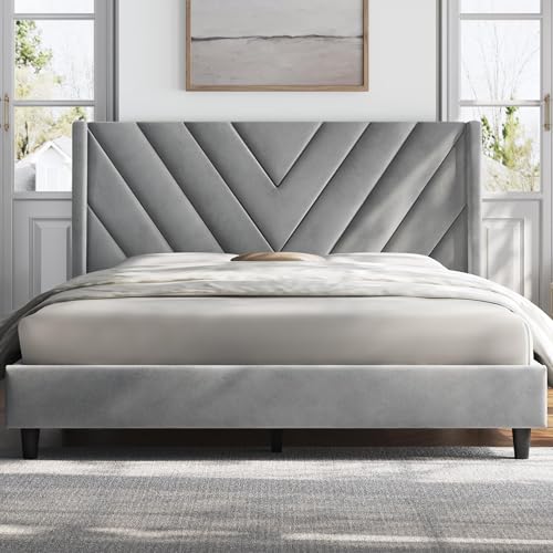 YAHEETECH UPHOLSTERED PLATFORM BED FRAME WOODEN SLAT SUPPORT QUEEN - LIGHT GRAY - Like New