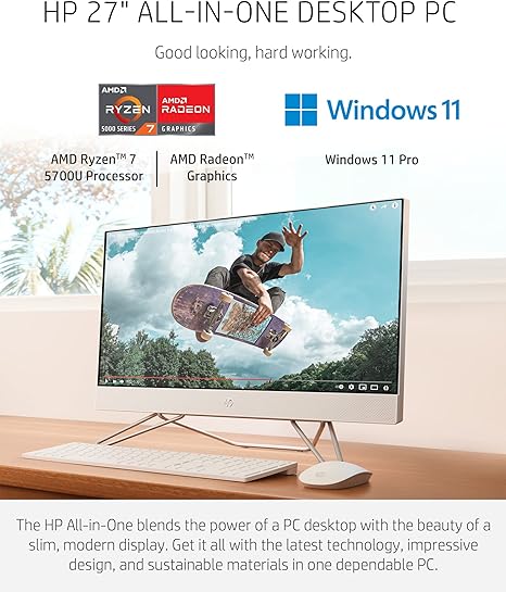 HP AIO 27-CB0052 27" FHD AMD RYZEN 7 5700U 12GB 256GB SSD + 1TB HDD - WHITE - Like New