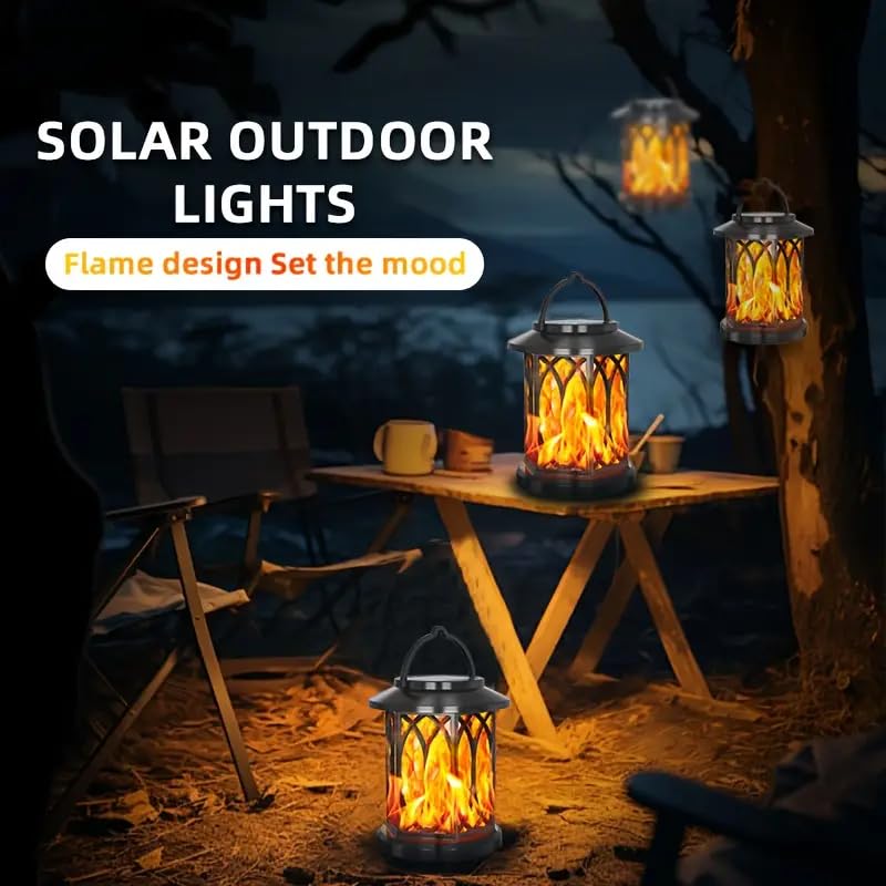 SENMEO 2 PACK FLICKERING FLAME HANGING SOLAR LANTERNS - BLACK - Like New