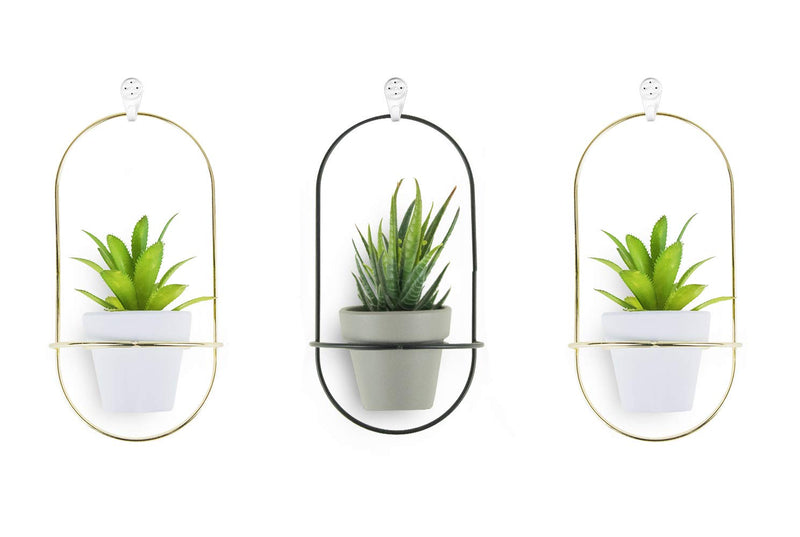 EASTYLE 3 SET HANGING WALL PLANTERS MODERN WALL DECOR CERAMIC - GOLD/BLACK - Like New