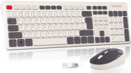 AULA WIRELESS KEYBOARD AND MOUSE 2.4G SILENT FULL-SIZE 108 KEYS RETRO - WHITE Like New