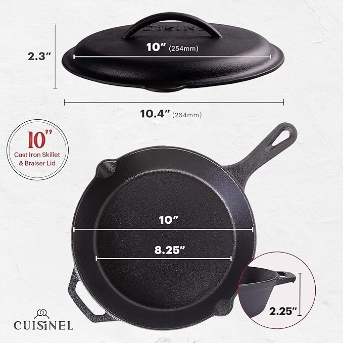 Cuisinel Cast Iron Skillet Lid 10" Pre-Seasoned Covered Frying Pan Set - BLACK - Like New