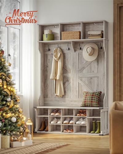 VASAGLE HALL TREE WITH BENCH AND SHOE STORAGE CATCH ALL BEVELED EDGE GLAZE - Like New